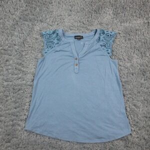 Fortune + Ivy Shirt Womens Medium Blue Lace Sleeve Henley Top Casual Summer